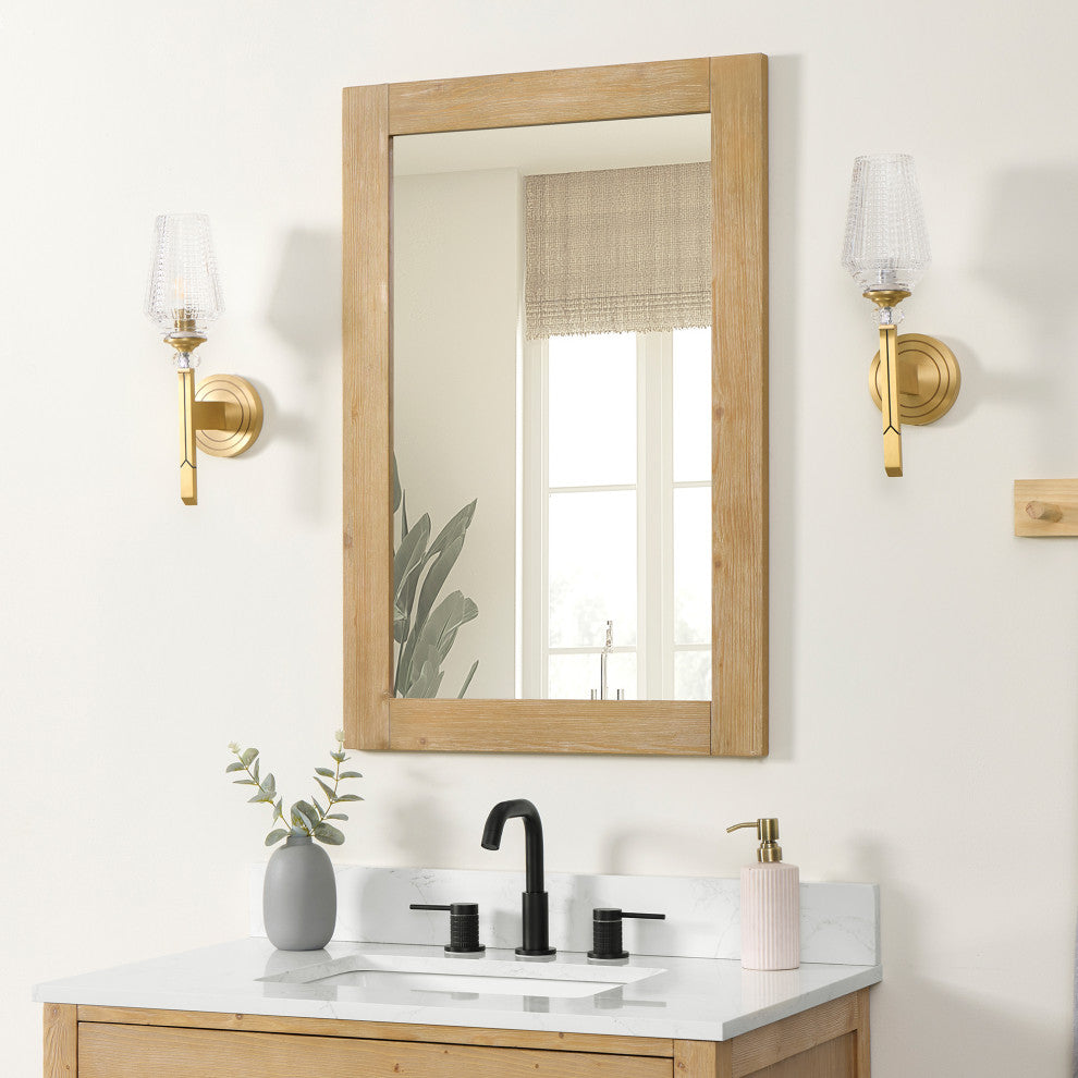 Ivy Rectangular Bathroom Wood Framed Wall Mirror, Light Brown, 24"