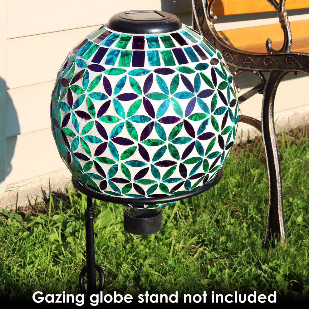 10" Sunnydaze Cool Blooms Outdoor Glass Mosaic Gazing Globe With Solar Light
