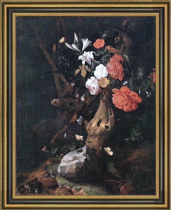 Rachel Ruysch Flowers on a Tree Trunk Framed Premium Canvas Print, 18"x24"