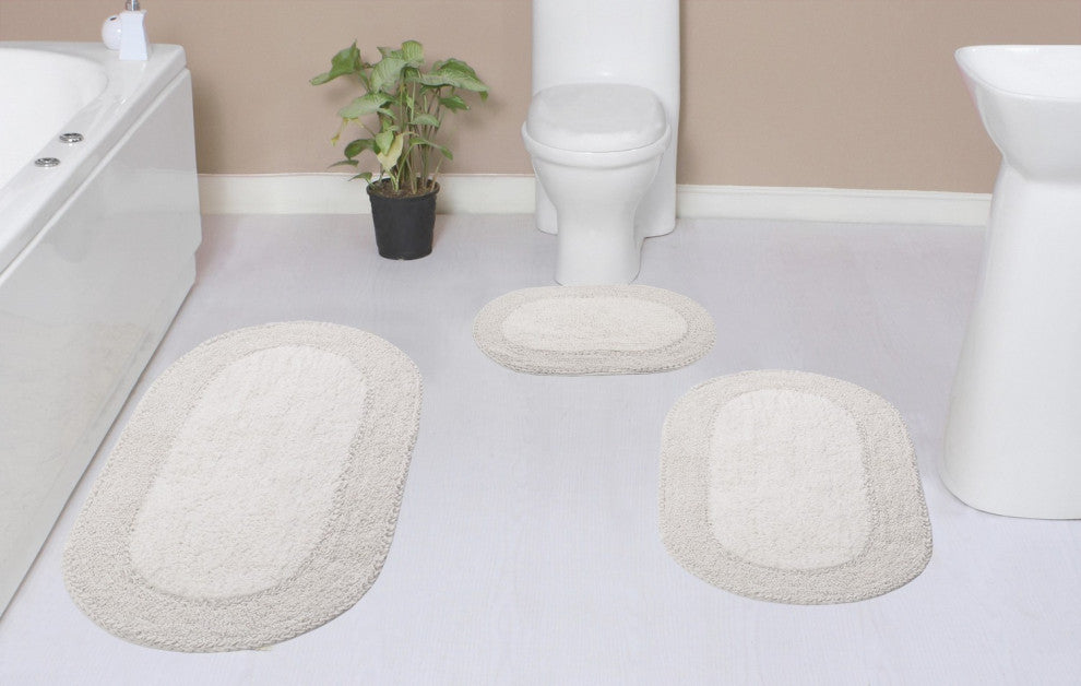 Double Ruffle Collection Bath Rugs Set, 3-Piece Set With Runner, Ivory