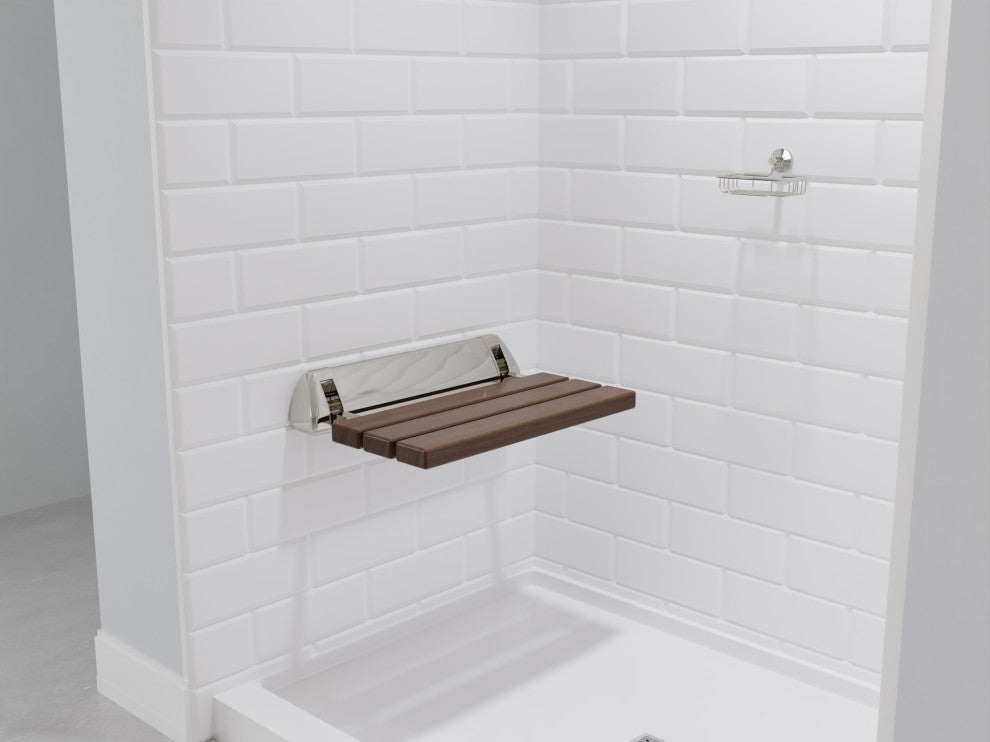 SteamSpa Teak Wall-mounted Folding Shower Seat in Brushed Nickel Trim 20 in.