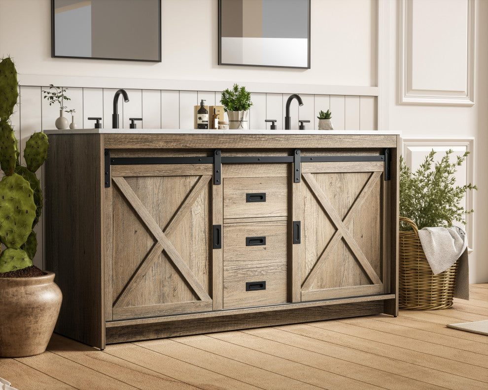Home Living 60" Double Bathroom Vanity, Natural Oak