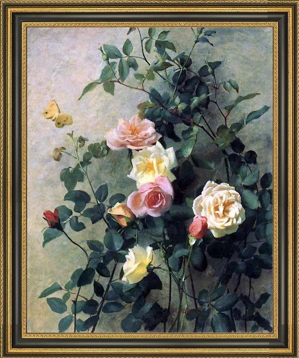 George Cochran Lambdin Roses on a Wall Framed Premium Canvas Print, 16"x20"