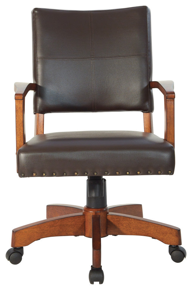 Deluxe Wood Bankers Chair, Black Faux Leather With Antique Bronze Nailheads, Esp