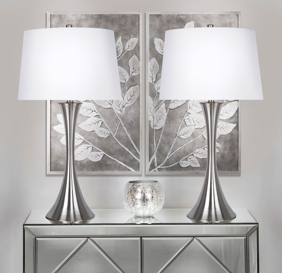 29" Brushed Nickel Table Lamp Hourglass Body, Set of 2