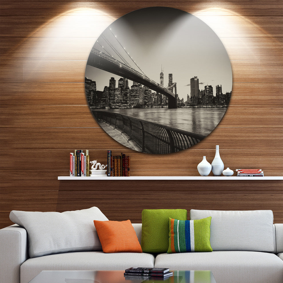 Famous Landmark Of Brooklyn Bridge, Cityscape Disc Metal Wall Art, 36"