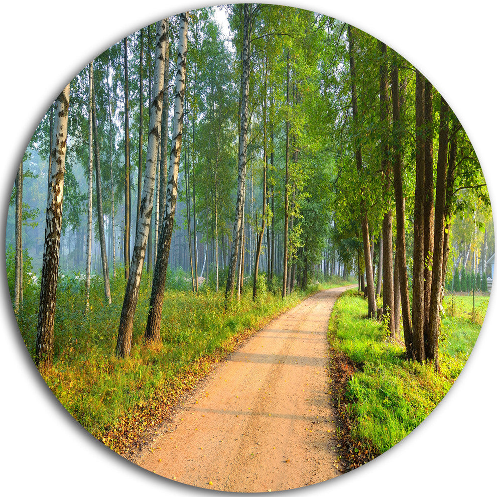 Road In Green Morning Forest, Landscape Photo Round Metal Wall Art, 23"