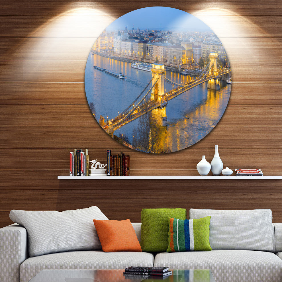 Chain Building And Parliament In Budapest, Disc Metal Wall Art, 36"