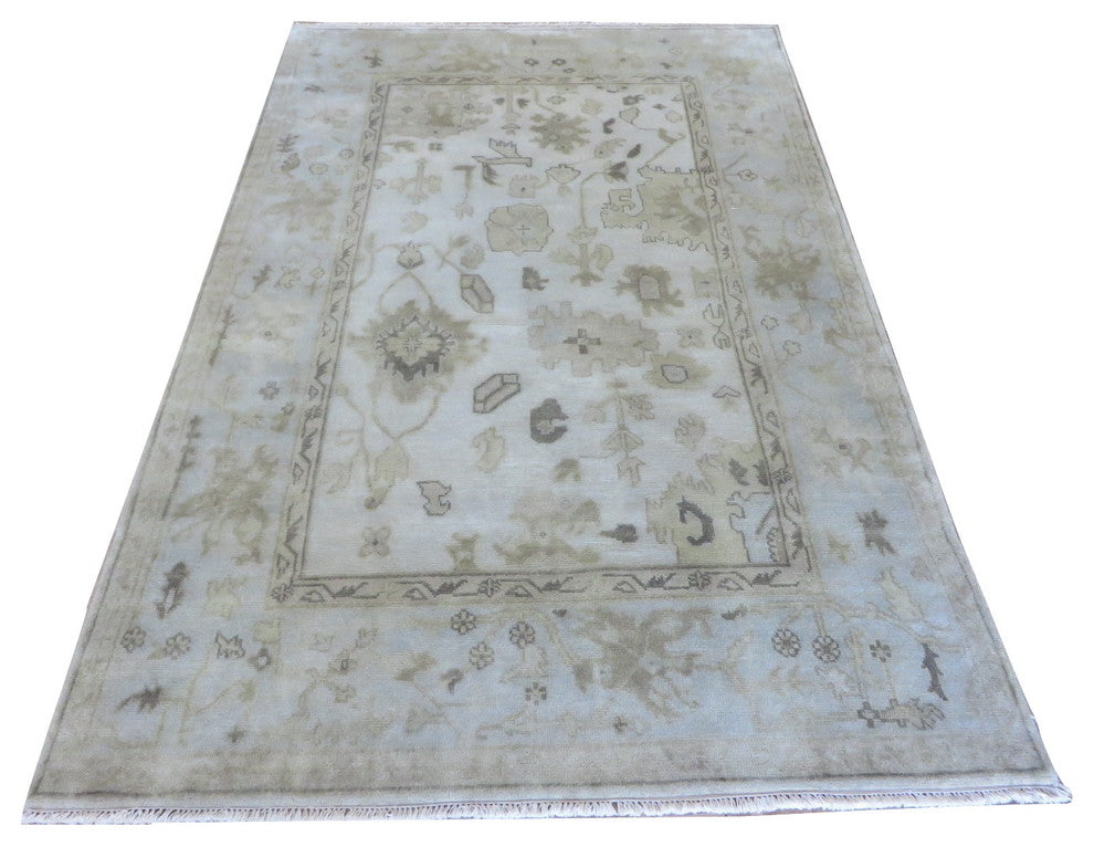 6x9 Hand Knotted Ivory/sky Blue Oushak Oriental Rug Vegetable Dyes