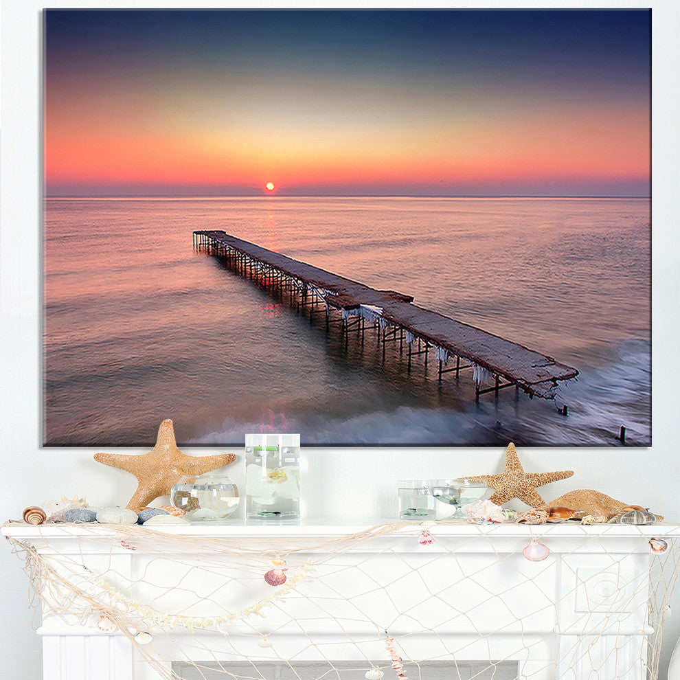 "Long Exposure Sea And Shore" Sea Bridge Canvas Wall Artwork, 32"x16"