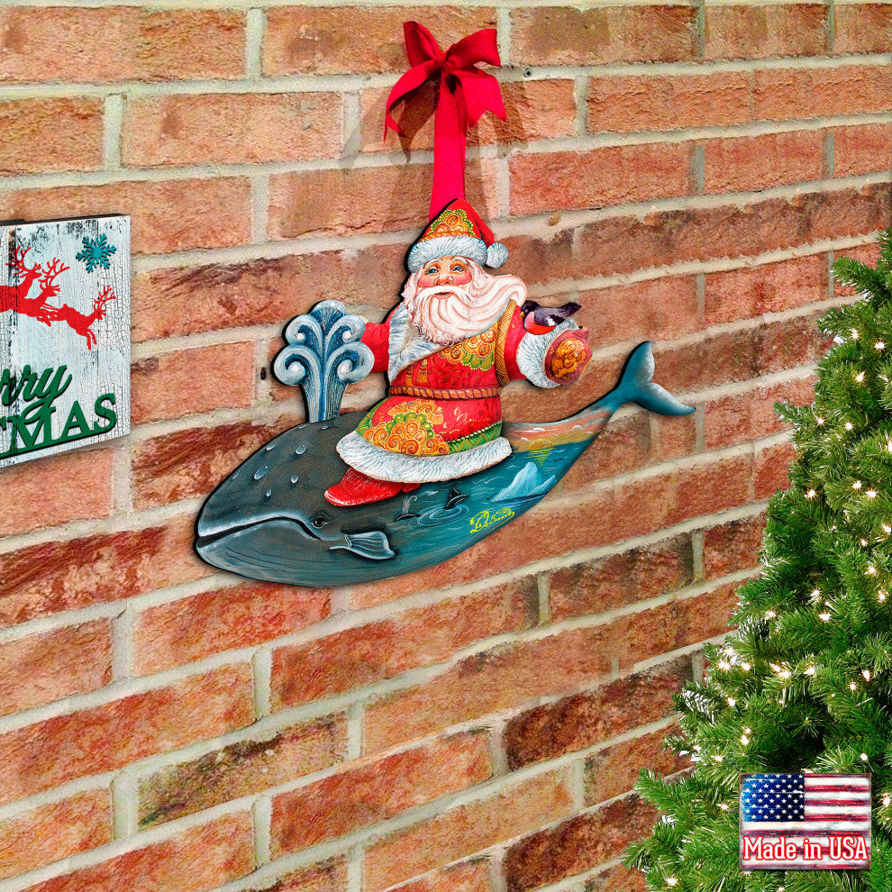 Coastal Whale Riding Santa, Wooden Decorative Holiday Door Hanger