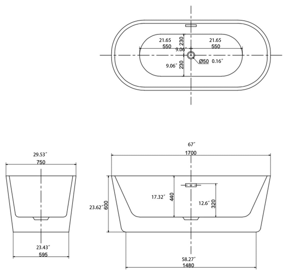 Acrylic Freestanding Soaking Bathtub in White, 67"29
