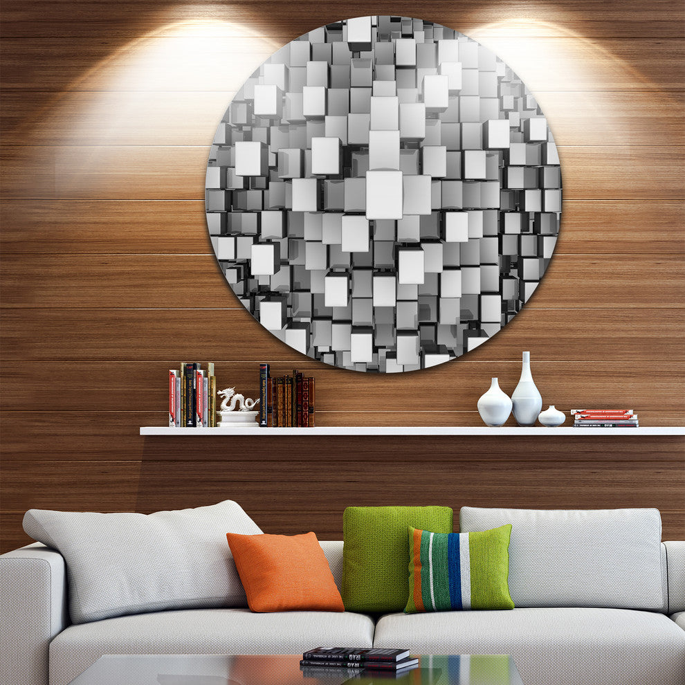 Black And Grey Cubes, Contemporary Round Metal Wall Art, 23"