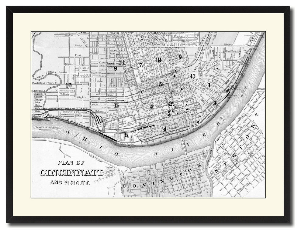 Cincinnati Vintage B&W Map Canvas Print, 28"x37"