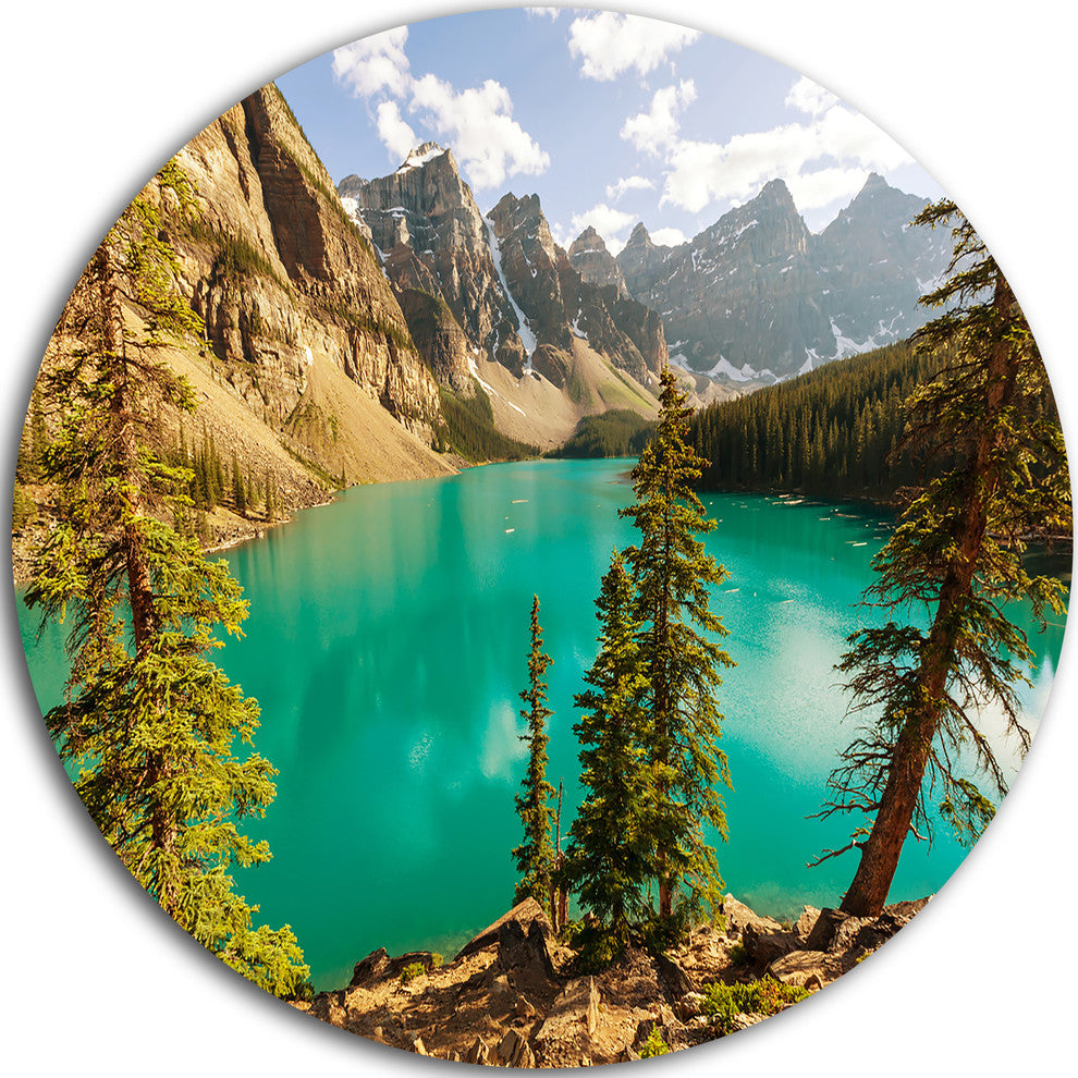 Moraine Lake In Banff National Park, Landscape Round Metal Artwork, 23"