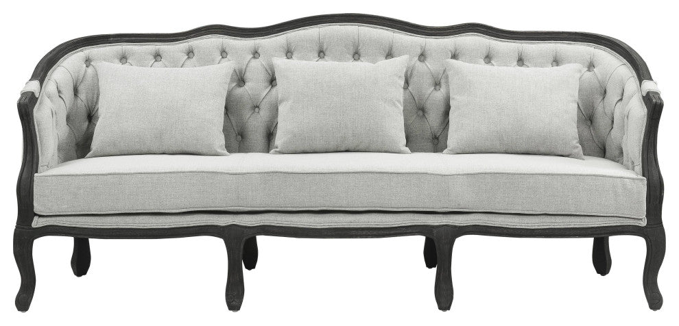 Samael Sofa With 3 Pillows, Gray Linen and Dark Brown Finish