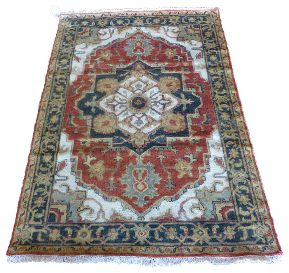 4x6 Hand Knotted Rust Red Antiqued Serapi Heriz Oriental Rug