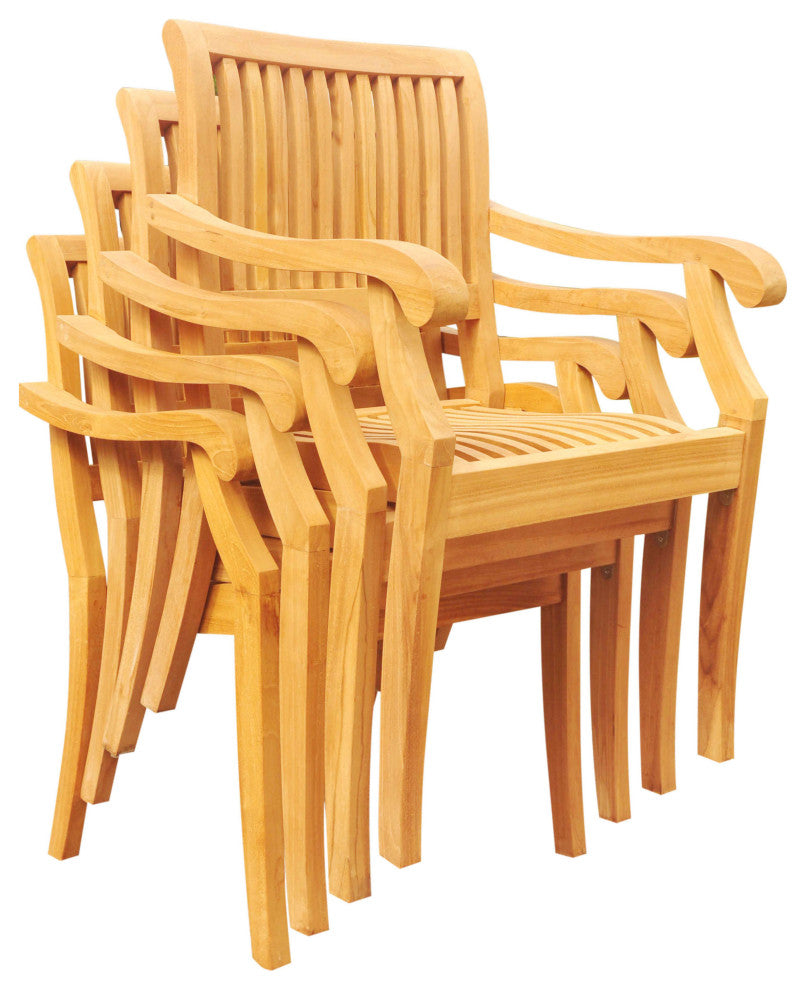 9-Piece Outdoor Teak Dining Set, 72" Round Table, 8 Arbor Stacking Arm Chairs