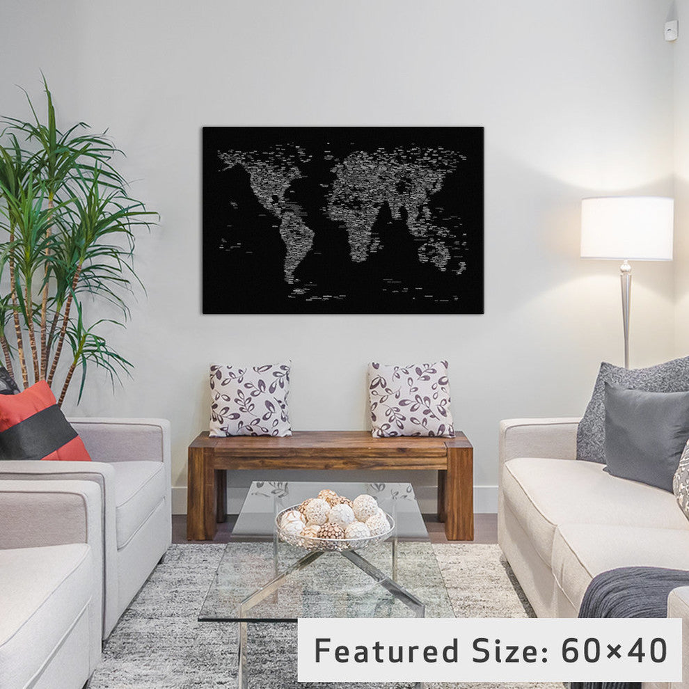 "Font World Map, Black" Wrapped Canvas Art Print, 40x26x1.5
