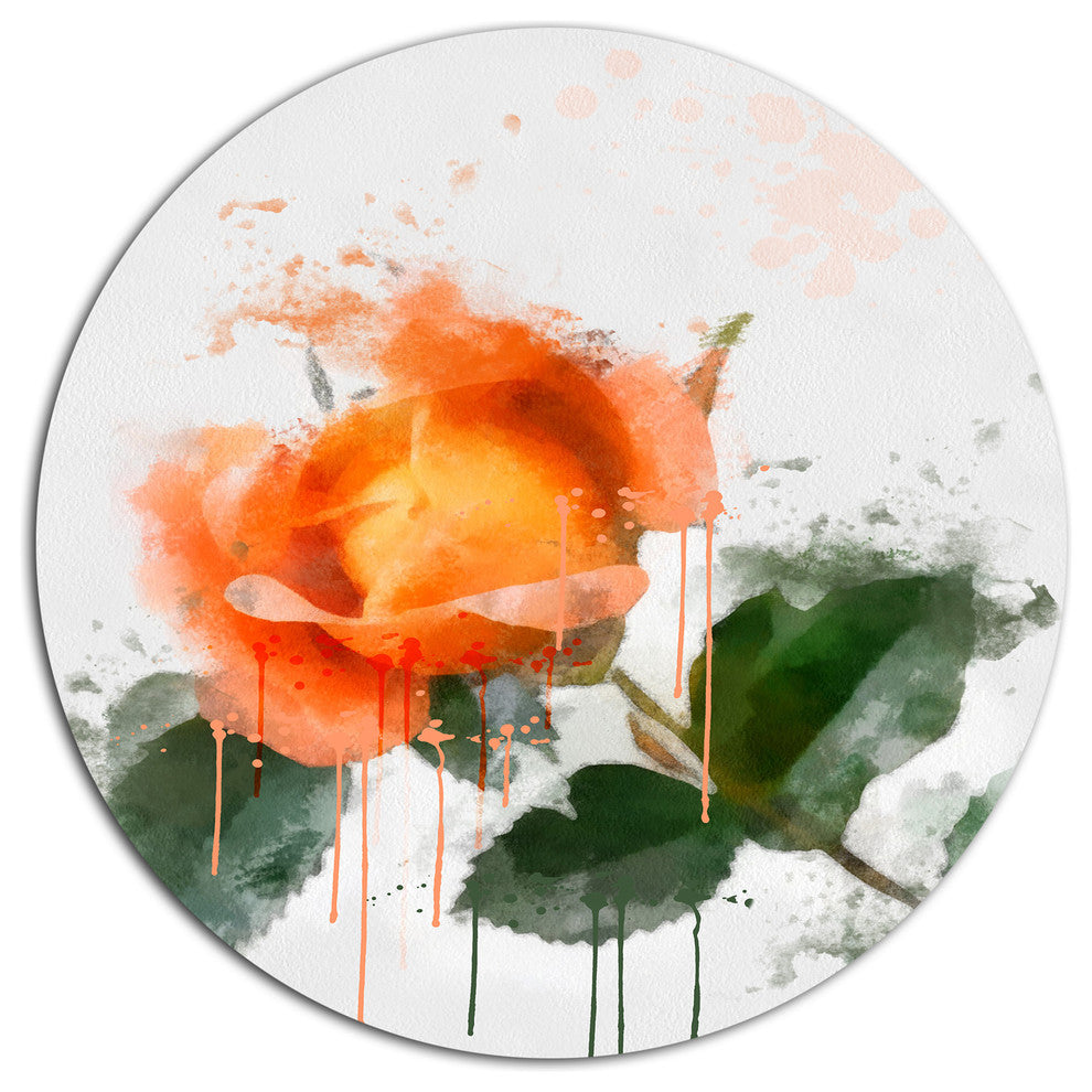 Orange Rose Sketch Watercolor, Modern Floral Round Metal Wall Art, 36"