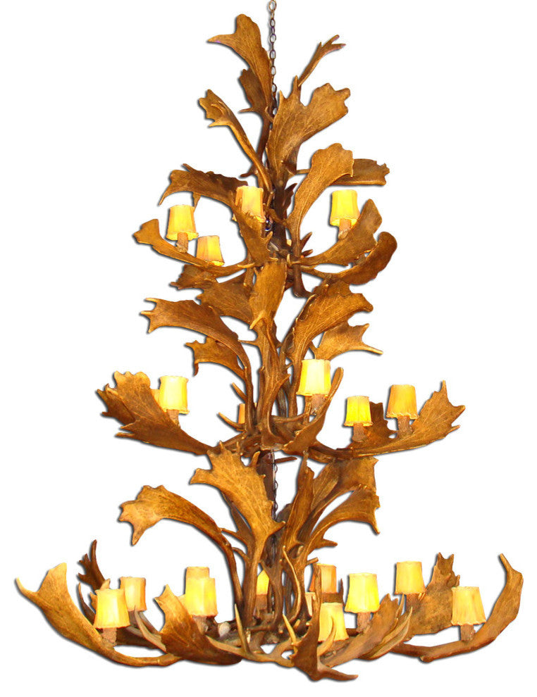 Fallow Deer Triple Tier Antler Chandelier Light, Large, Rawhide Shades