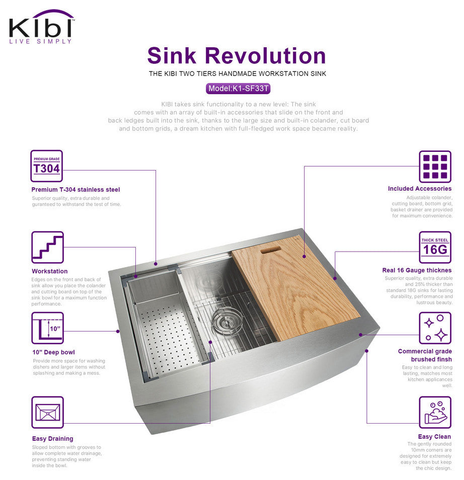 KIBI Farmhouse Apron Single Bowl Stainless Steel Workstation Kitchen Sink, 33"