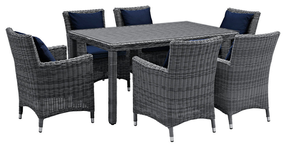 Modway Summon 7 Piece Outdoor Patio Sunbrella Dining Set, Canvas Navy