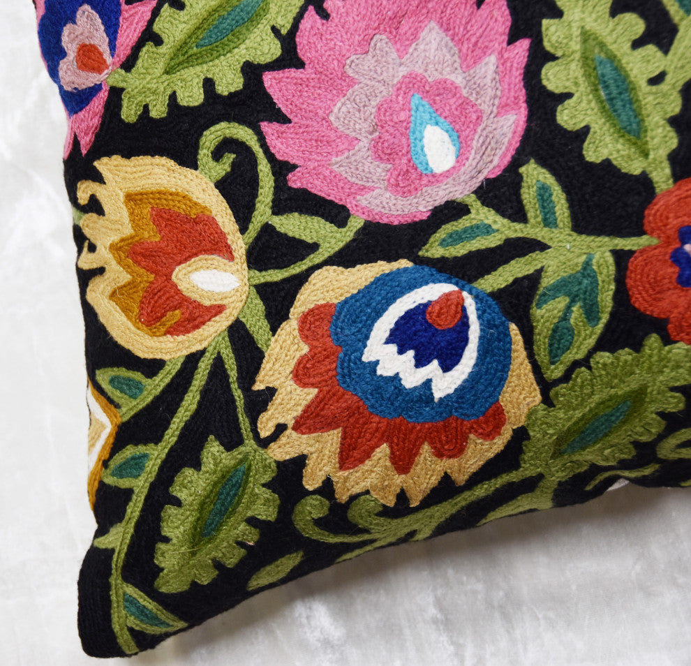 Black Polish Floral Pillow Cover Hand Embroidered Cushions Wool 18x18