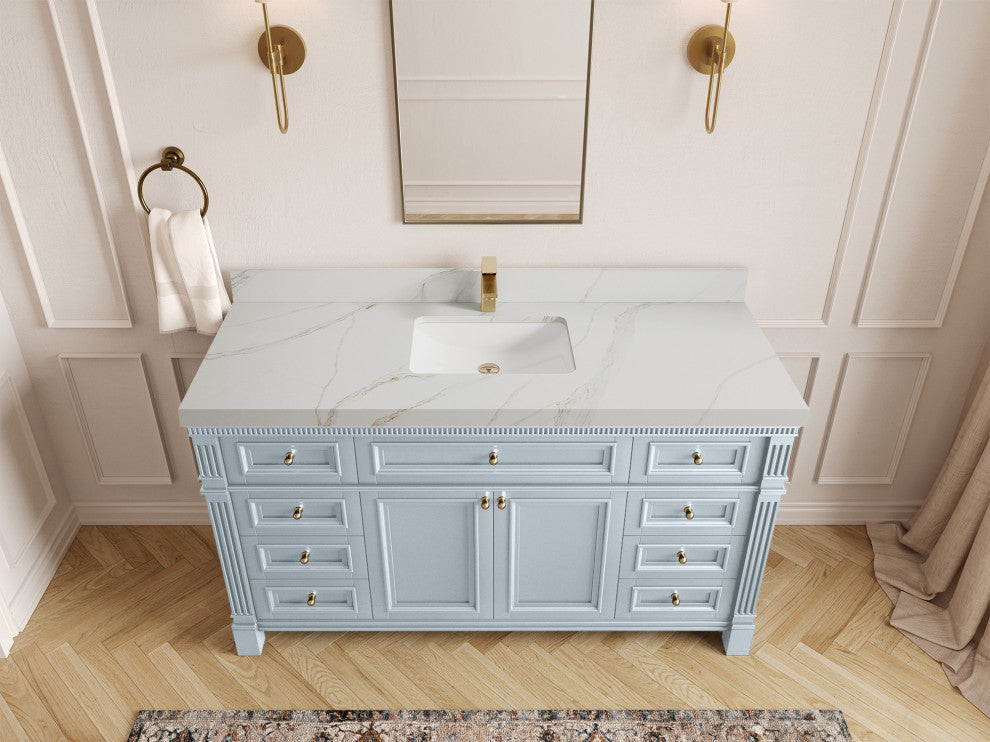 Paris 60" Single Sink Bathroom Vanity, Blue Heather 2" Calacatta Sienna