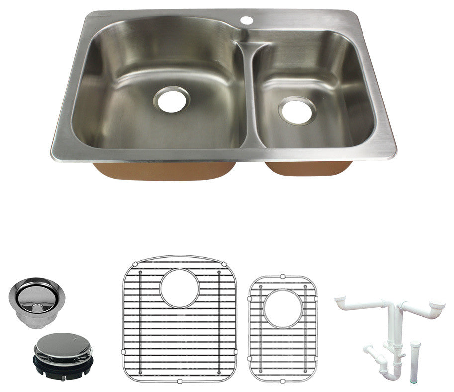 Transolid Classic Stainless Steel Double Offset Bowl Kitchen Sink Kit 22"x33"x8"