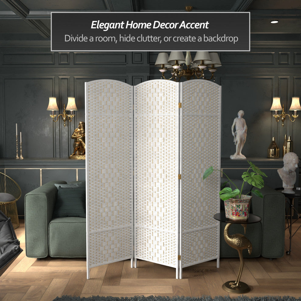 6' Tall Diamond Weave Fiber Room Divider, White, 3 Panel