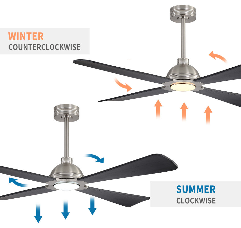 56" 4-Blade Solid Wood Ceiling Fan with LED Light and Remote Control, Brushed Nickel/Black