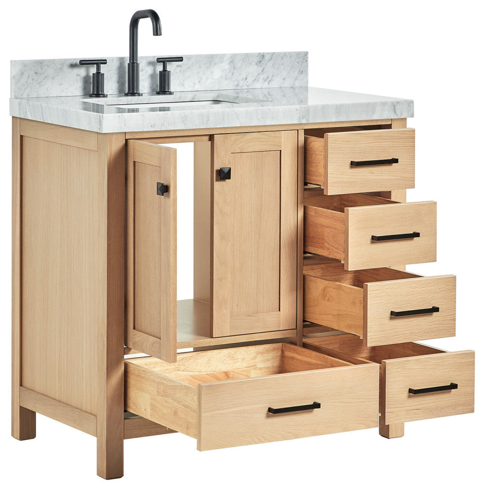 Cambridge 36" Single Bath Vanity With Italian Carrara Marble Top, Oak