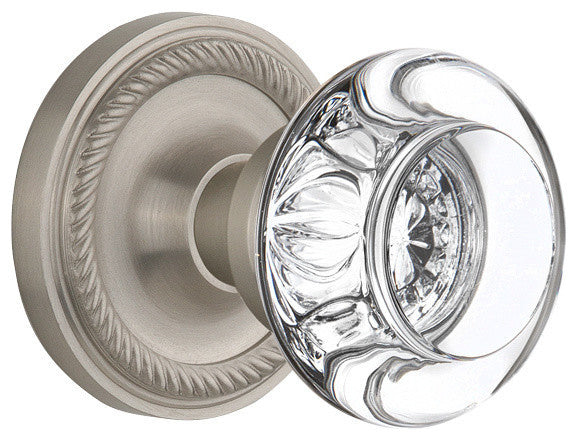 Rope Rosette Privacy Round Clear Crystal Glass Door Knob, Satin Nickel