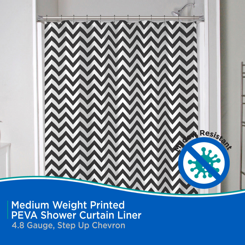 Medium Weight Decorative PEVA Shower Curtain Liner, 70 W x 72 H, Step Up Chevron
