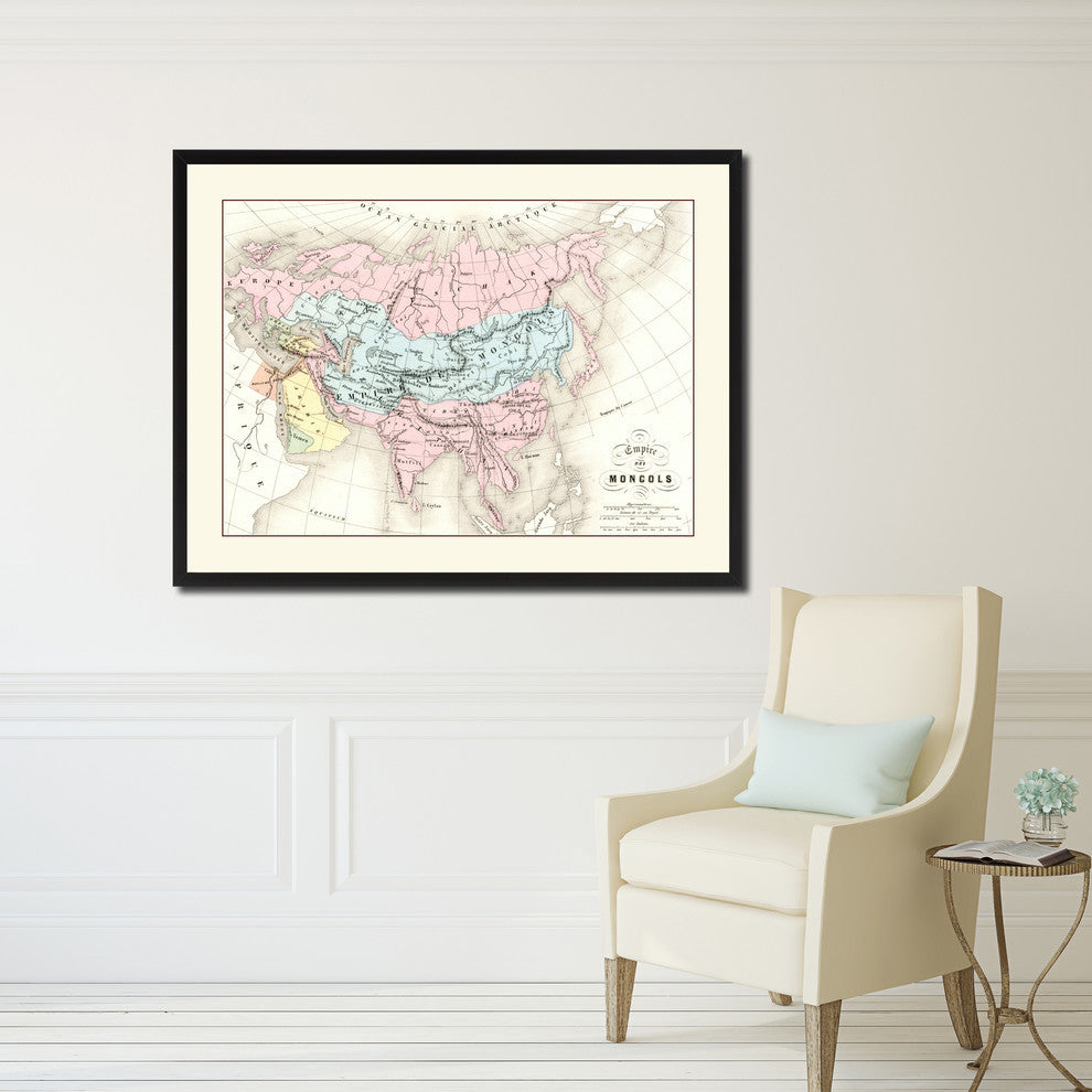 Mongolian Empire Asia Vintage Map Print On Canvas With Picture Frame, 16" X 21"