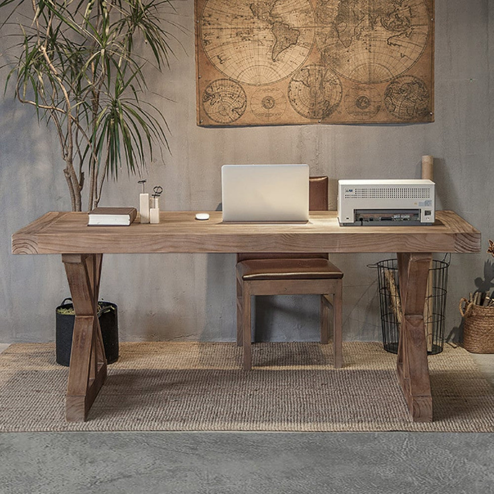 Rustic Farmhouse Wooden Office Desk, Natural With Trestle