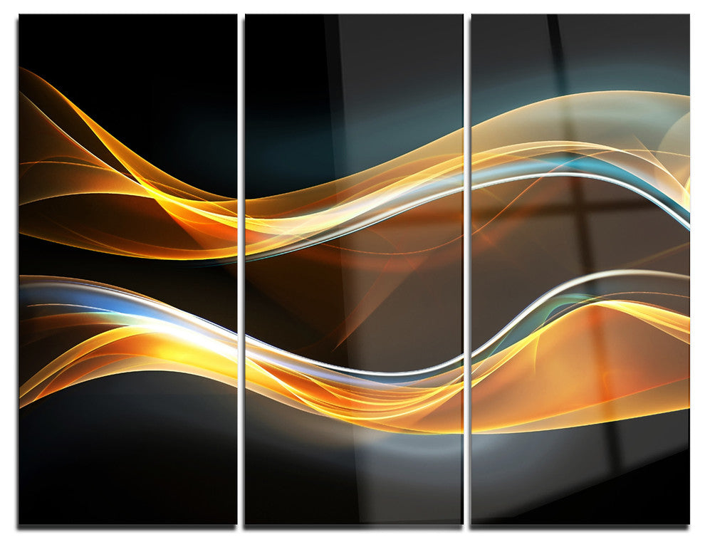 "3-D Gold Waves in Black" Digital Metal Wall Art, 3 Panels, 36"x28"