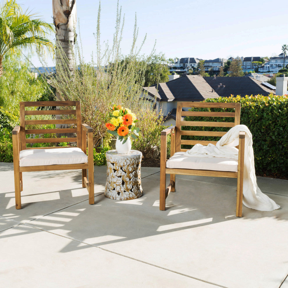 Emilano Outdoor Acacia Wood Club Chair with Water Resistant Cushions, Set of 2