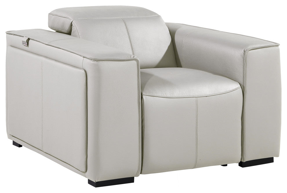Niccolo Italian Leather Power Reclining Arm Chair With Headrests, Light Gray