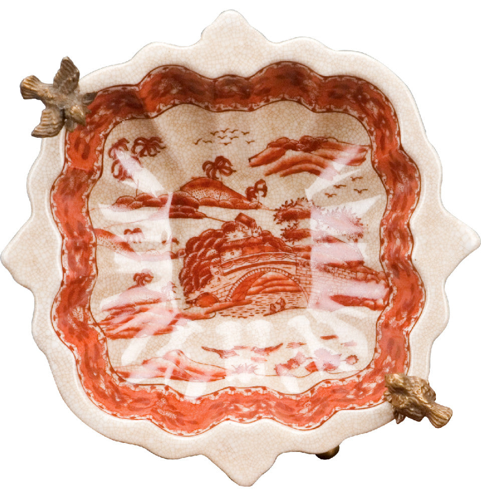 Platter with bronze birds accent- red and white