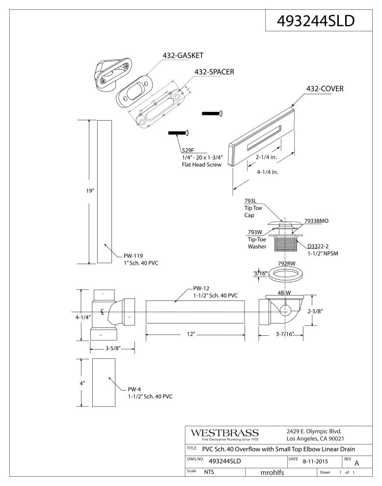 Westbrass Low Profile Sch. 40 PVC Tub Waste, ADA Approved Tip-Toe Drain, Polished Nickel