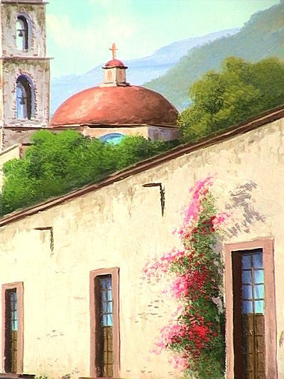 Road to the Church. Mexican Contemporary Oil Painting