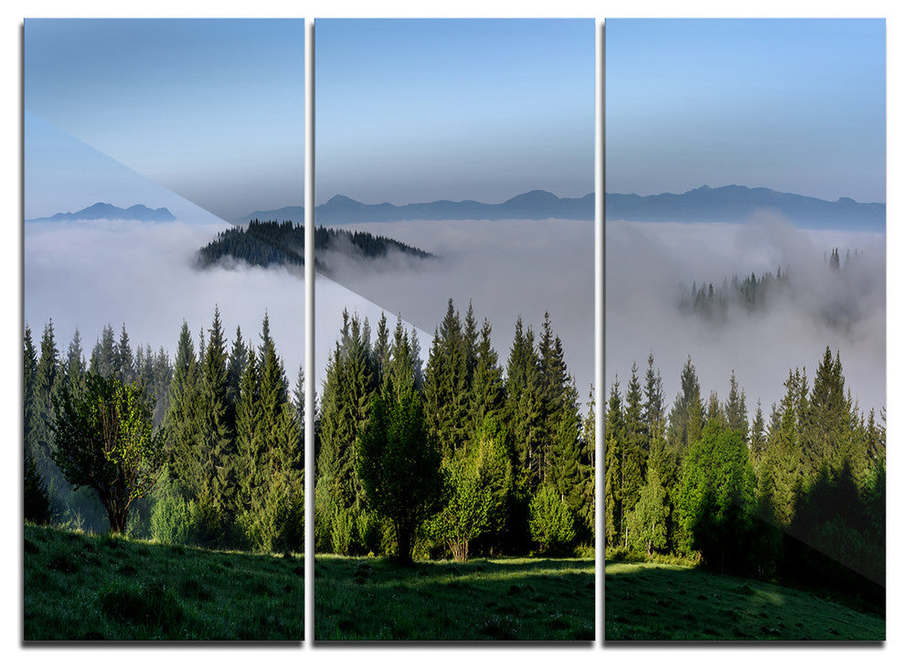 "Green Trees and Fog Over Mountains" Metal Wall Art, 3 Panels, 36"x28"