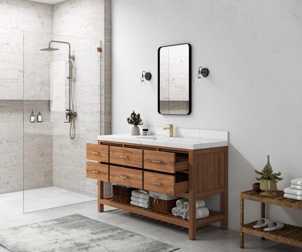 Parker Teak 60" Single Sink Bath Vanity in Golden Teak 2" White Quartz