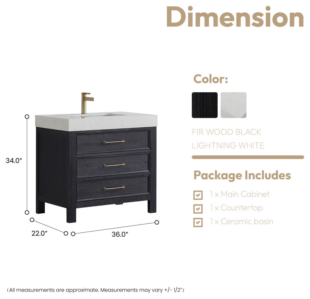 Leon Bath Vanity With Composite Stone Top, Fir Wood Black, 36", No Mirror
