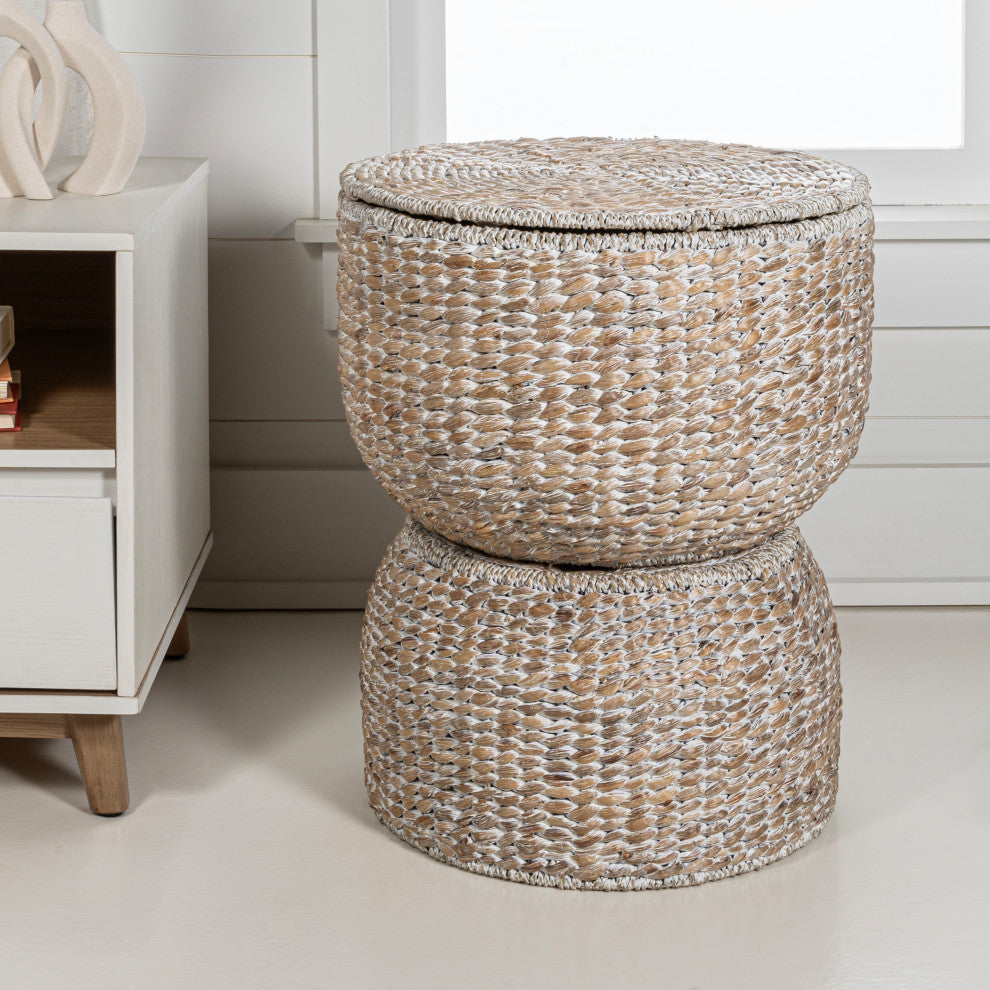 Bhola Hourglass Handwoven Hyacinth Storage Accent Table with Lid, White Wash
