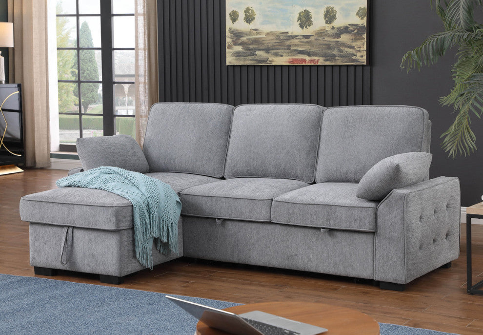 Mackenzie 91" Chenille Reversible Sleeper Sectional, Drop-Down Table, Light Gray