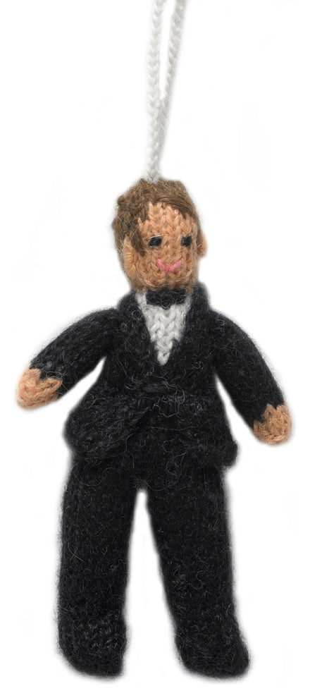 Brunette Groom Ornament Hand Knit Wedding Ornament. Bridal Shower Gift