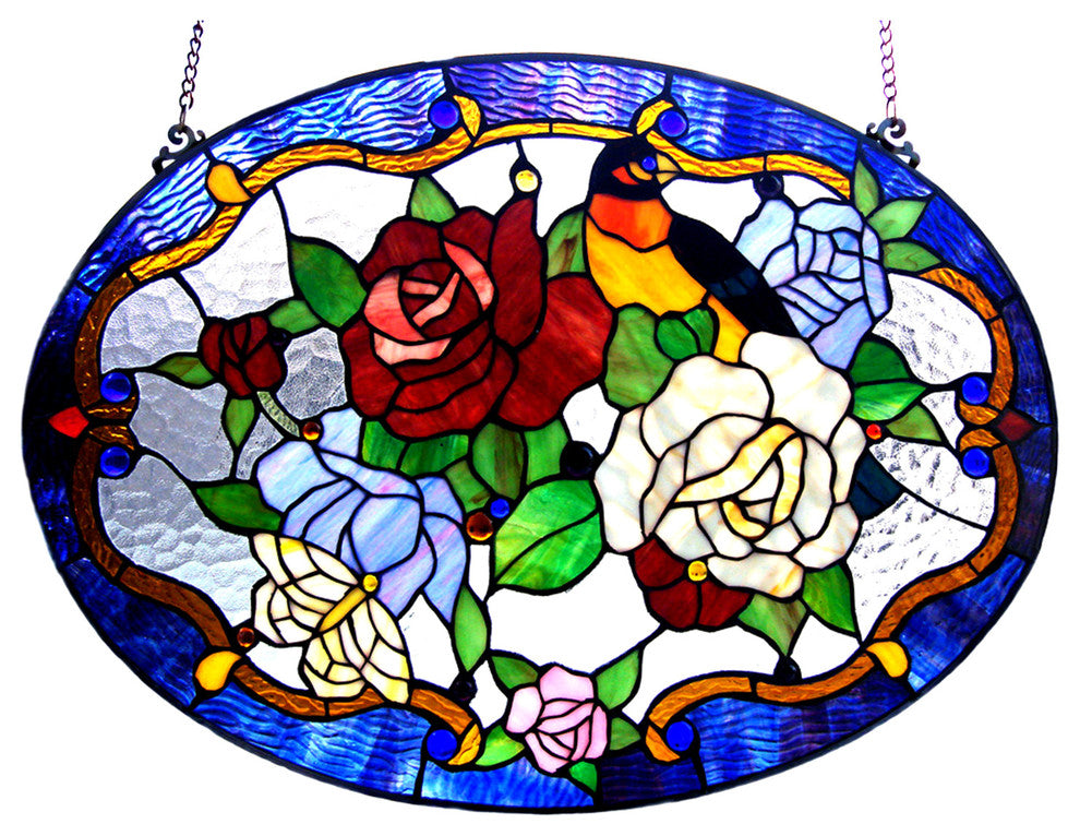 ALYSSA Tiffany-glass Roses/Bird Window Panel 24x18